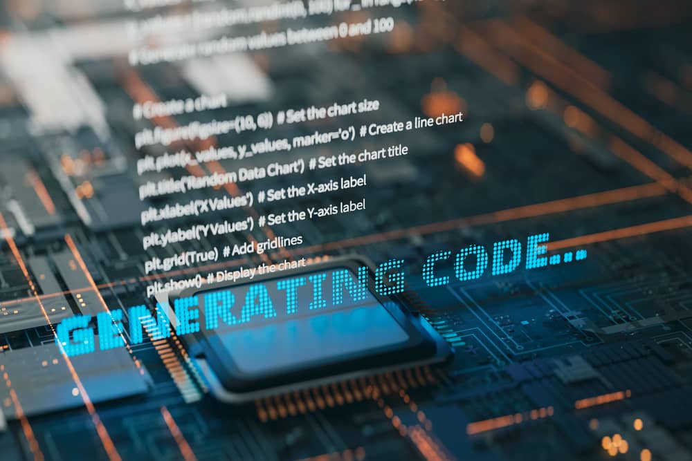 Imagen abstracta de un microprocesador con código fuente y la frase "GENERATING CODE" en azul, representando el concepto de Vibe Coding y la generación de código automatizada.