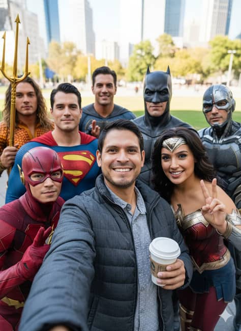 Hombre tomándose un "selfie con una celebridad usando IA", en este caso, la Liga de la Justicia.