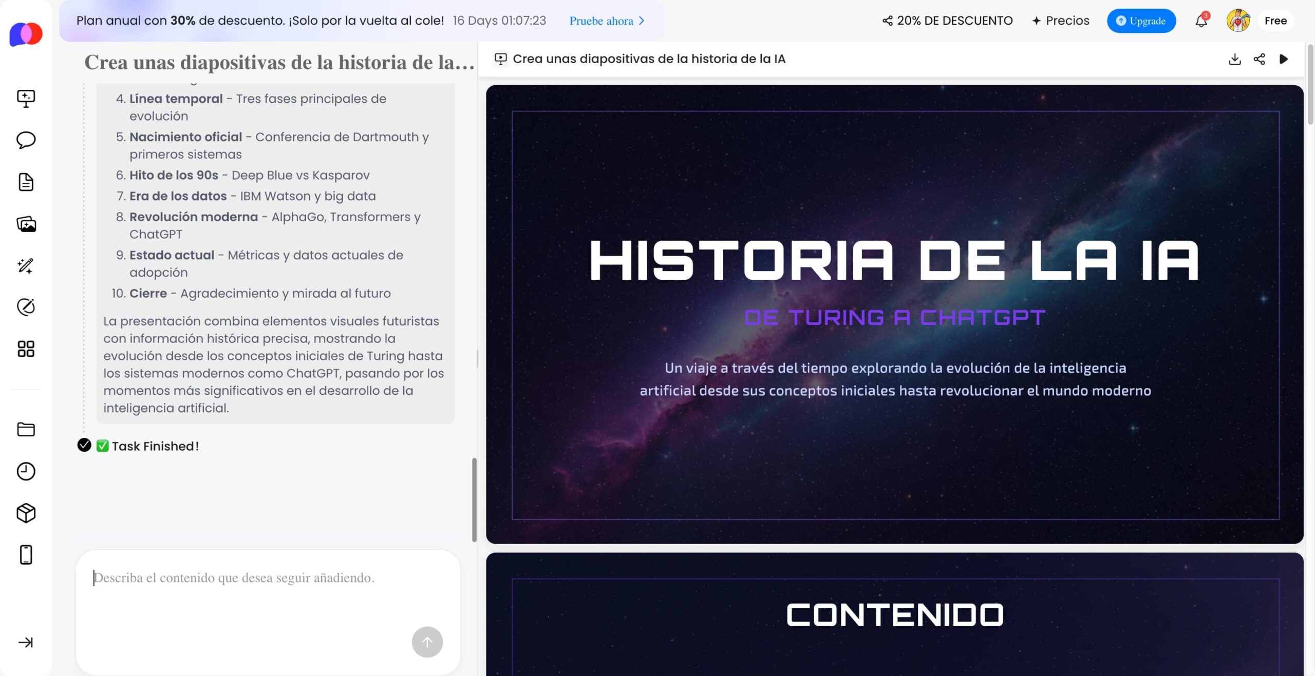 Presentación PopAi sobre la Historia de la IA. Interfaz intuitiva y atractiva.