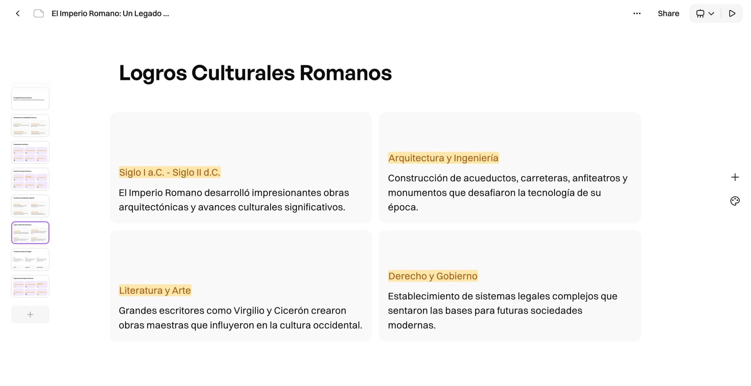 Diapositiva de presentación Prezo.ai sobre los logros culturales romanos. Diseño claro y conciso.