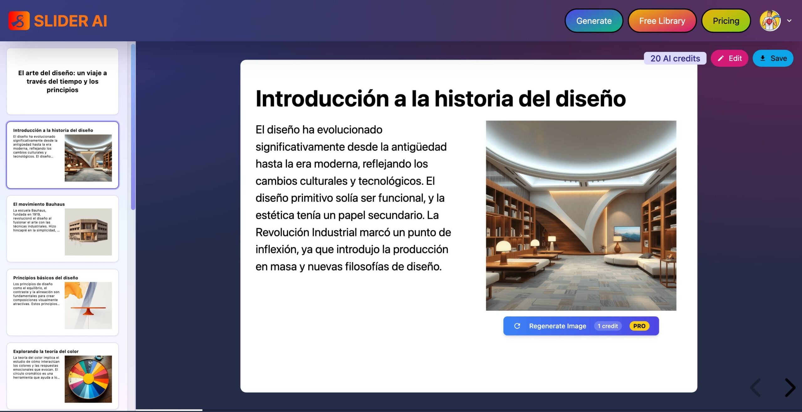 Slide de Slider AI sobre la historia del diseño. Presentación generada con IA.