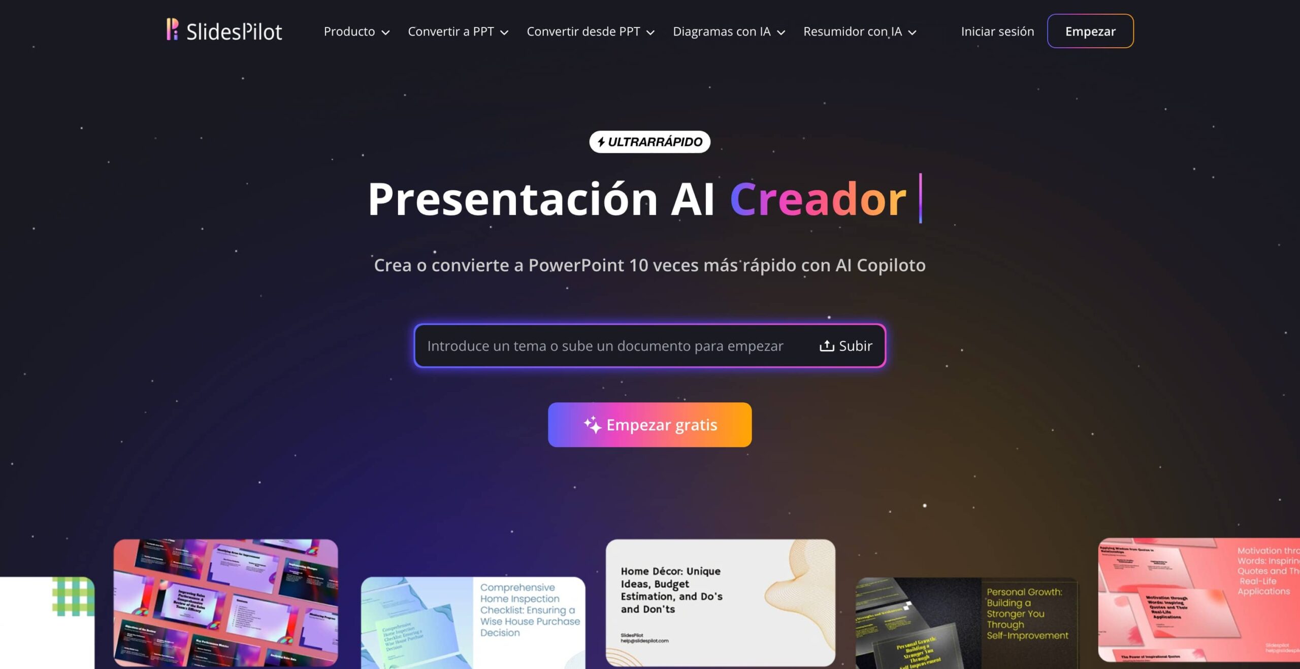 SlidesPilot: creador de presentaciones con IA. Crea o convierte presentaciones PowerPoint 10 veces más rápido. Empieza gratis.